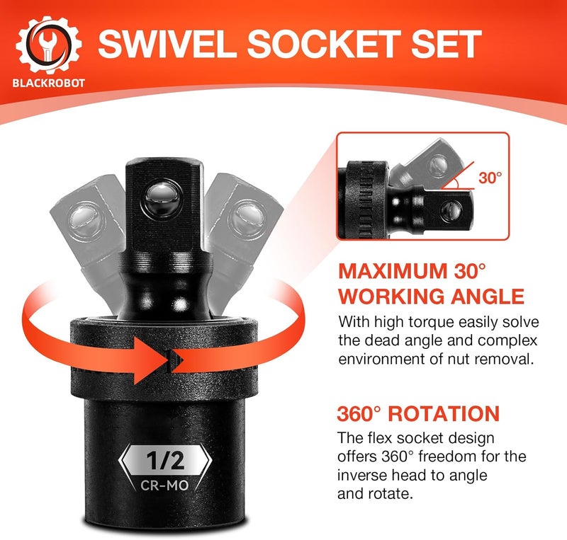 BLACKROBOT 3PCS Impact Swivel Socket Set, 1/2" 1/4" 3/8" Drive Universal Joint Socket, Premium Cr-Mo Steel Impact Grade Wobble Socket Set - Image 4